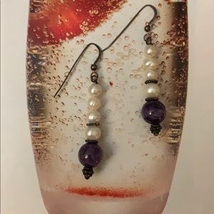 Pearl and Purple Drop Earrings